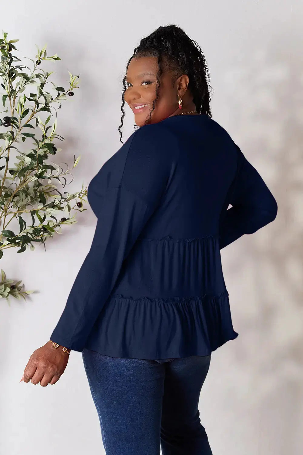 Double Take Half Button Long Sleeve Ruffle Hem Blouse by Double Take