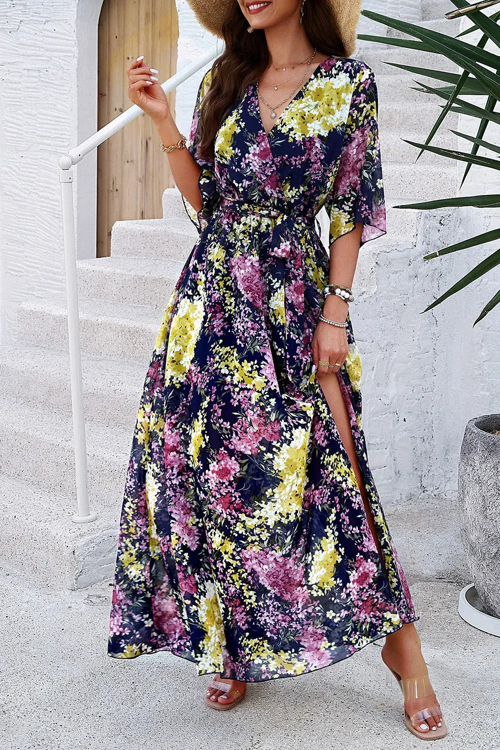 Devine Printed Tied Half Sleeve Slit Dress by Devine