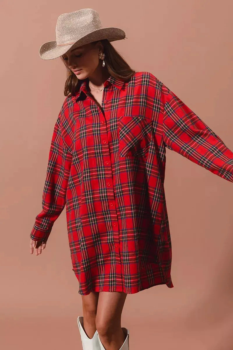 SO ME Christmas Checker Plaid Button Up Shirt Dress by SO ME