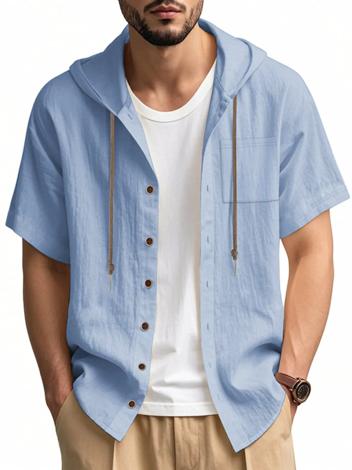 Men's Full Size Casual Hooded Short-Sleeve Shirt Plus Size by Trendsi