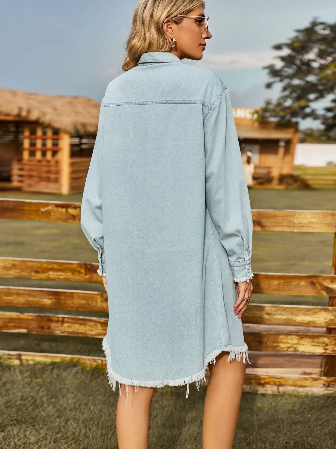 Button Up Collared Neck Raw Hem Denim Dress by Partner Label