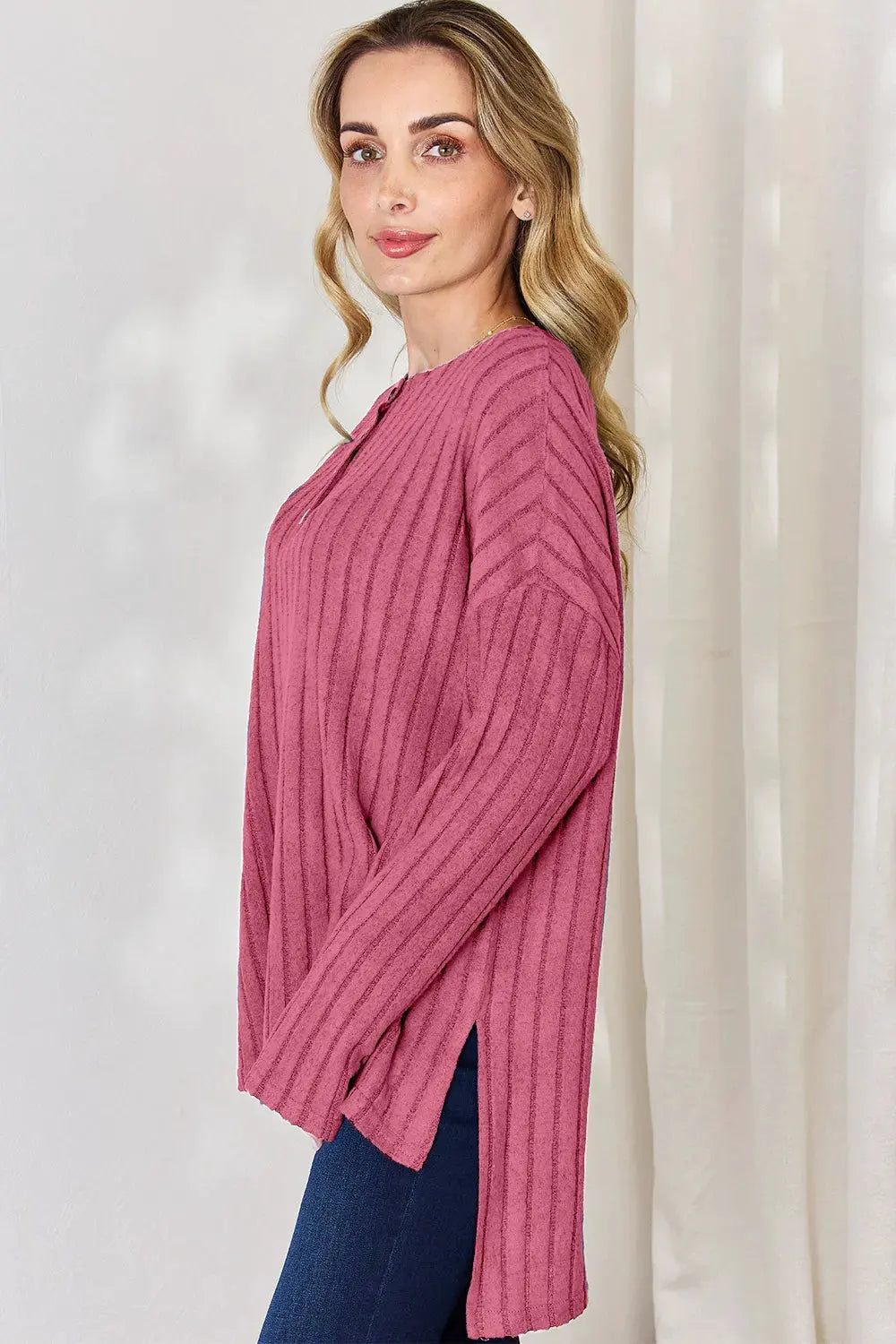 Basic Bae Full Size Ribbed Half Button Long Sleeve High-Low T-Shirt by Basic Bae