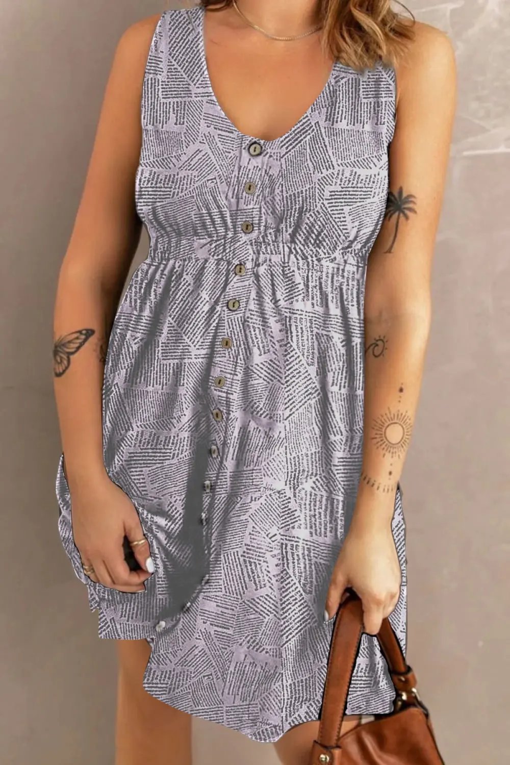 Double Take Printed Scoop Neck Sleeveless Buttoned Magic Dress with Pockets by Double Take