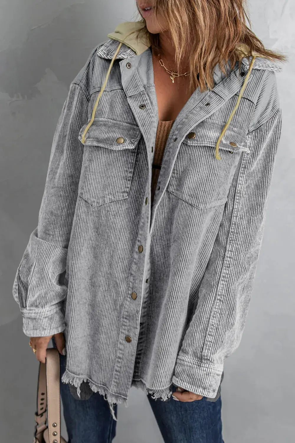 Snap Front Hooded Corduroy Shacket by Partner Label