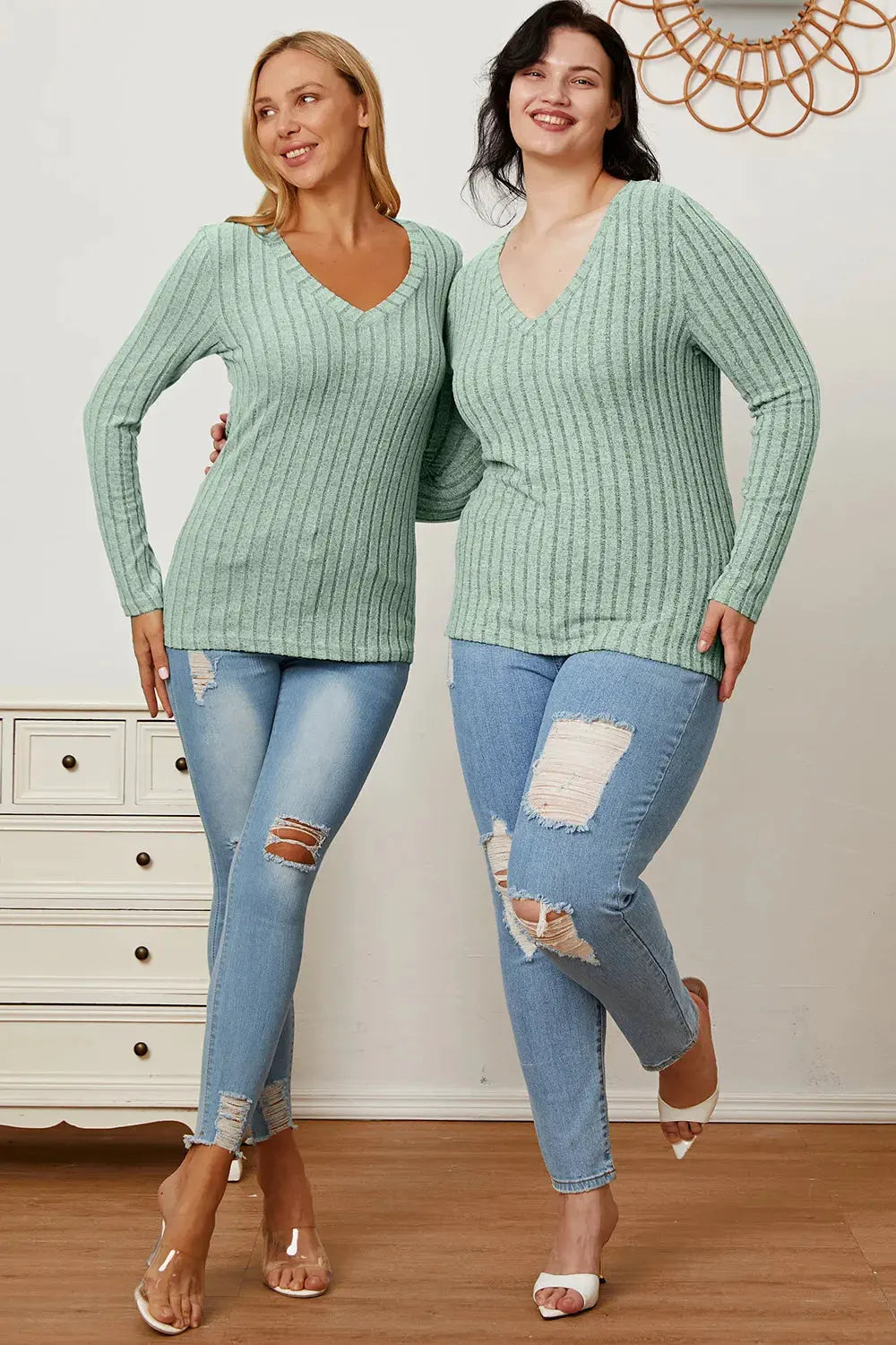 Full Size Ribbed V‑Neck Long Sleeve T‑Shirt | Partner Labels Selection by Partner Label