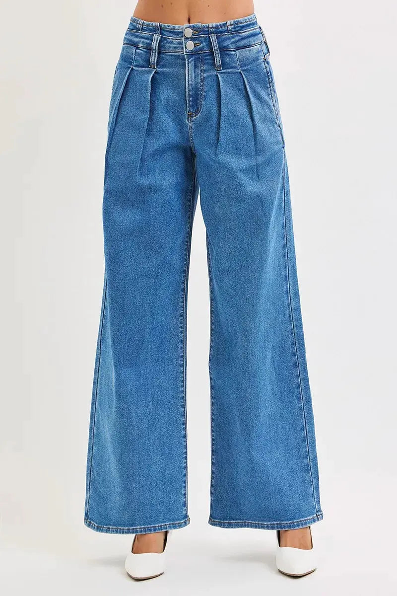 RISEN Full Size Mid Rise Fit Wide Leg with Pleated Detail Jeans Plus Size by RISEN