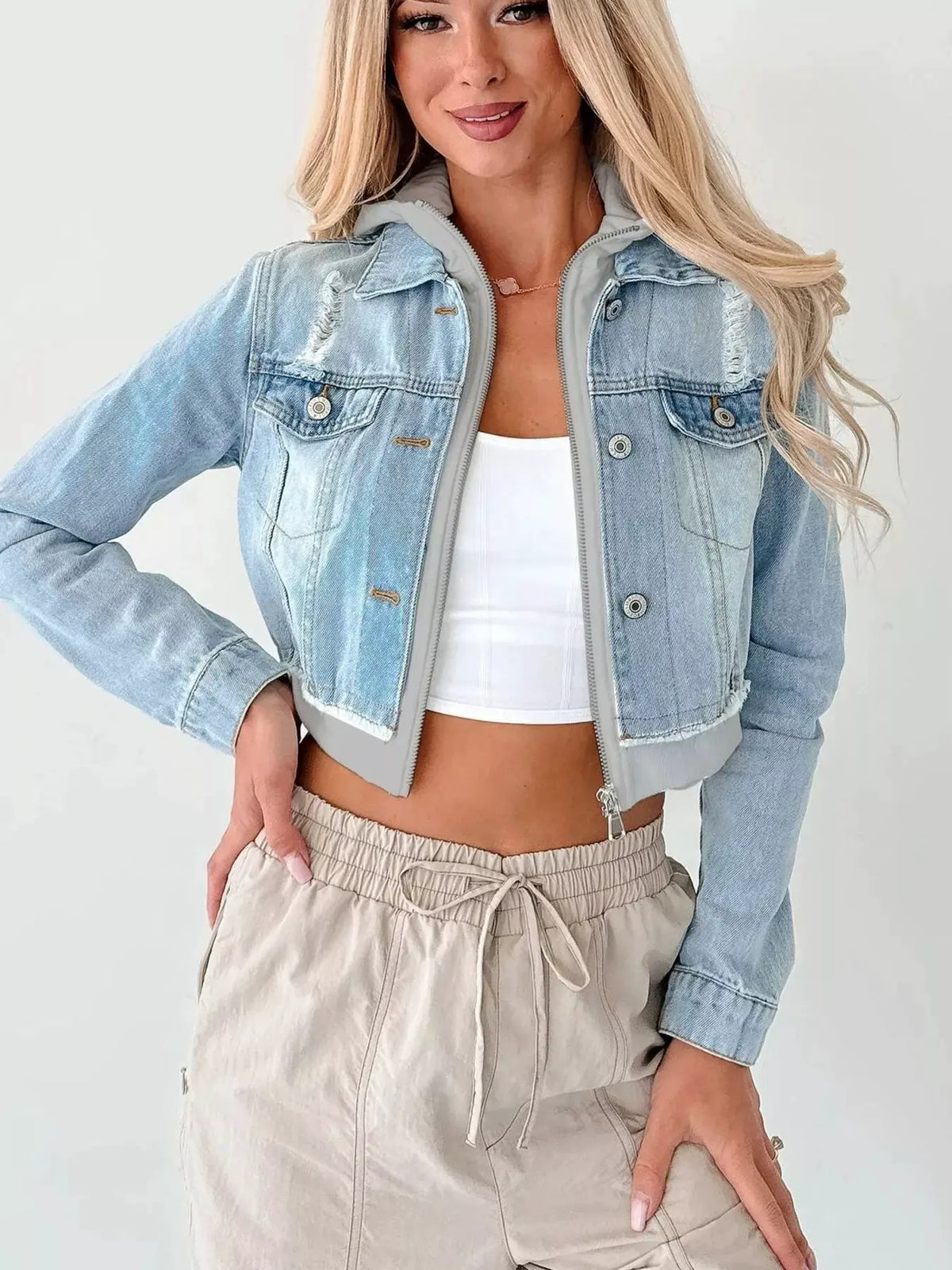 Distressed Zip Up Cropped Hooded Denim Jacket by Partner Label