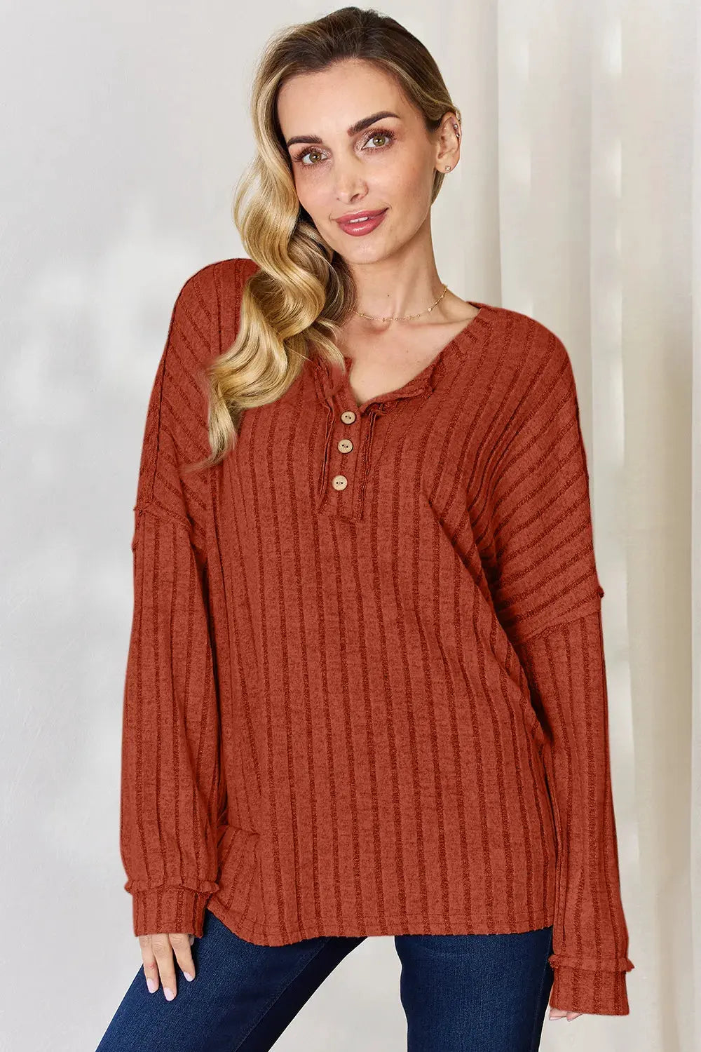 Basic Bae Full Size Ribbed Half Button Long Sleeve T‑Shirt | Partner Labels Selection by Partner Label