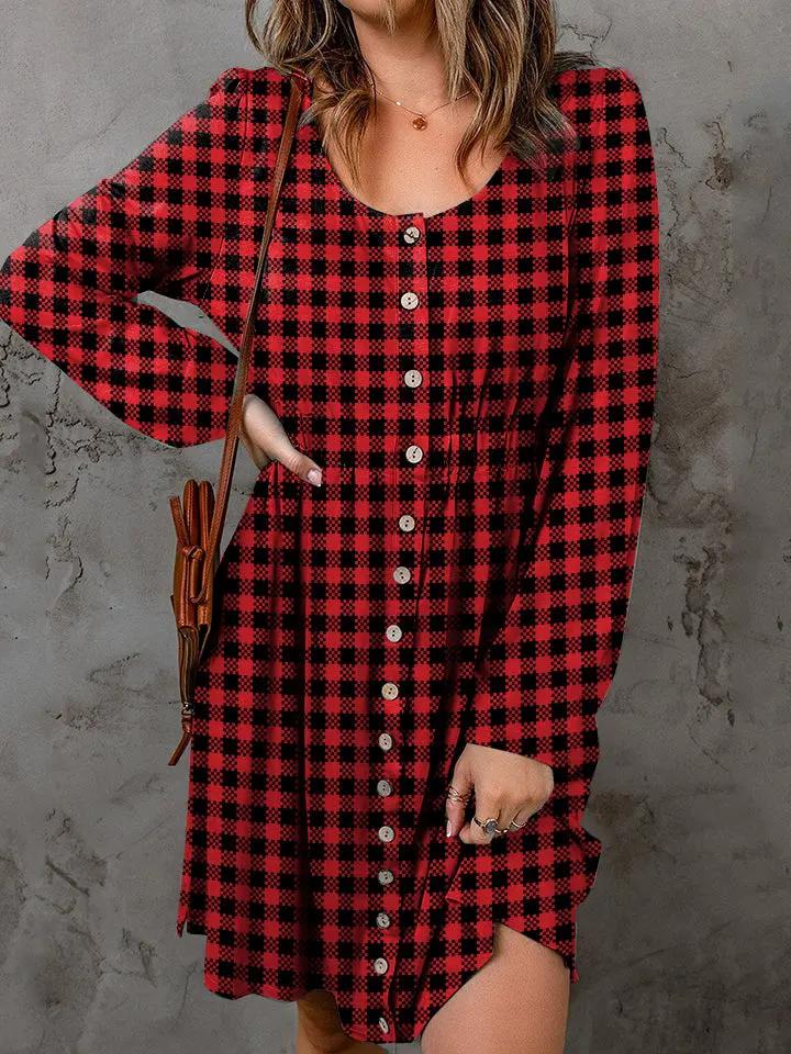 Double Take Full Size Plaid Round Neck Long Sleeve Magic Dress by Double Take