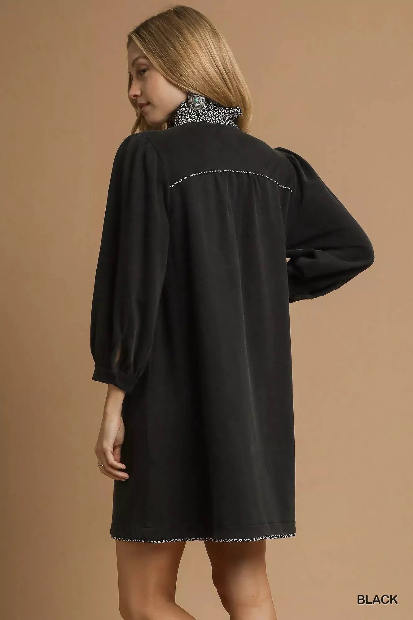 Umgee French Terry Balloon Sleeve Shift Dress with Leopard Print Detail by Umgee