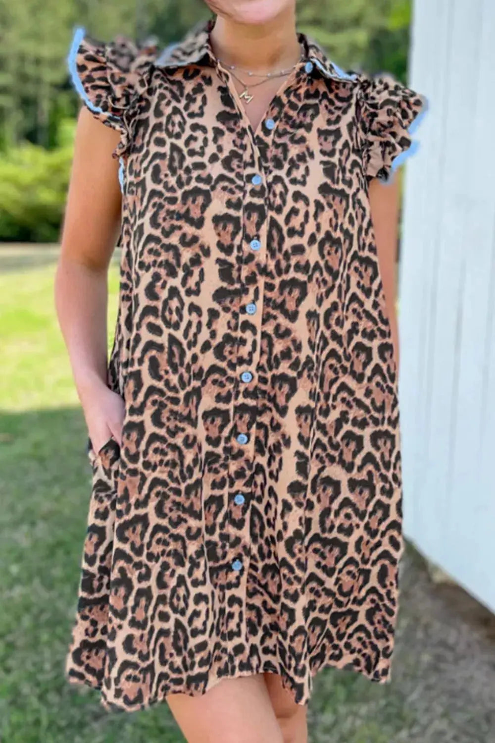 Leopard Print Lace Trim Shirt Collar Button Down Loose Mini Dress by Partner Label
