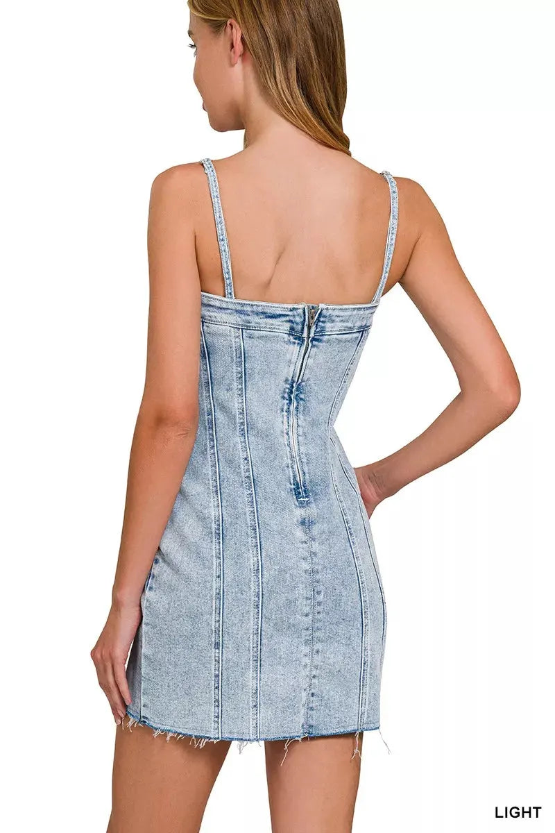Zenana Spaghetti Strap Exposed Seam Light-Wash Dress by Zenana