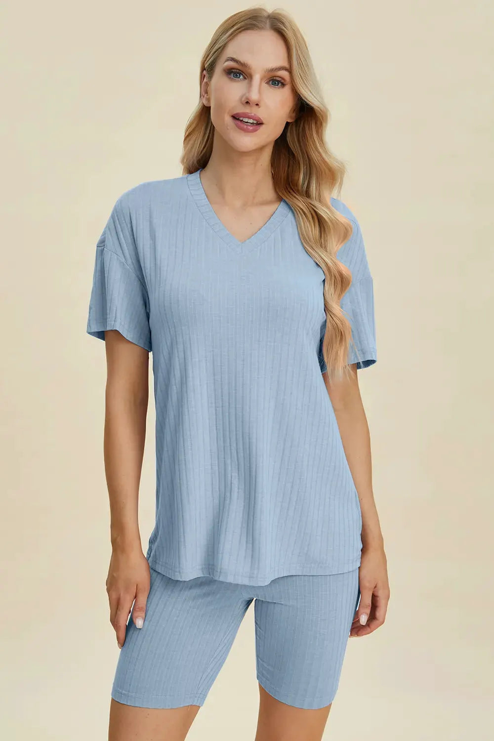 Basic Bae Full Size Ribbed V-Neck Short Sleeve Top and Shorts Set by Basic Bae