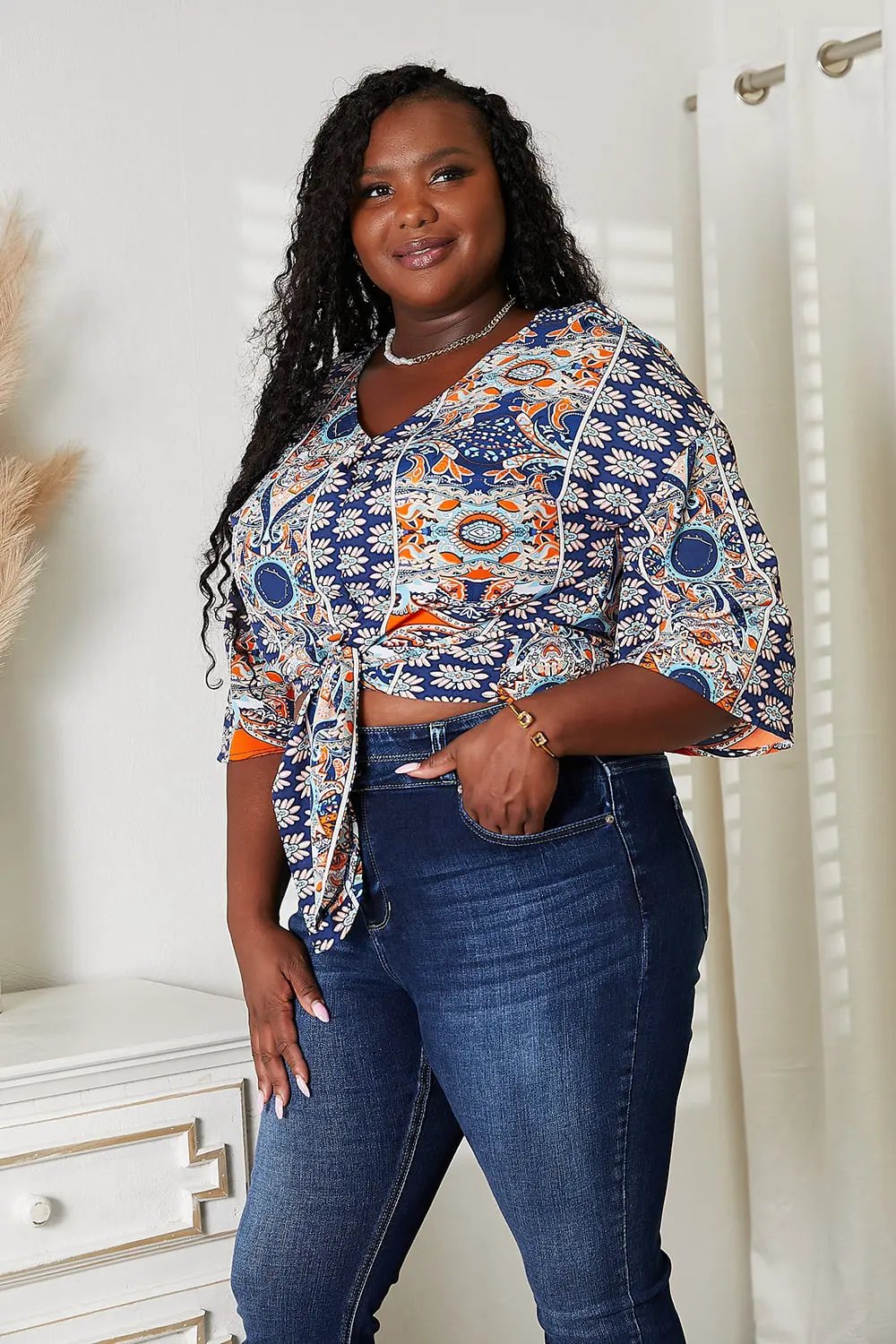 Tie Hem V-Neck Three-Quarter Sleeve Blouse by Equanimity