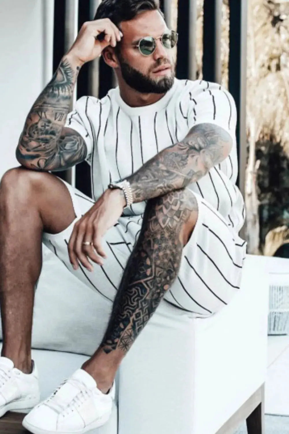 Men's Full Size Striped Casual Top and Shorts Summer Set Plus Size by Trendsi