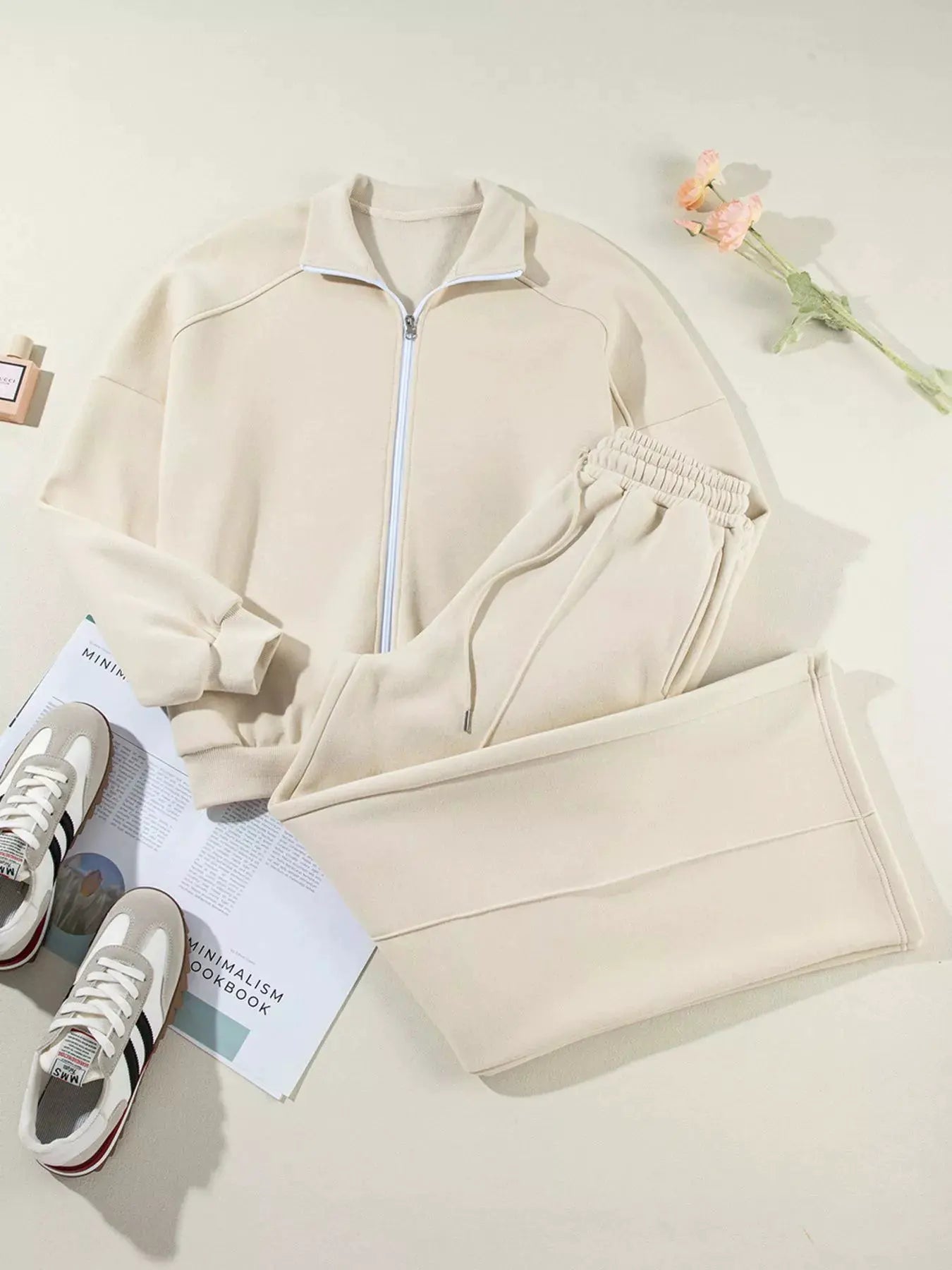 Drop Shoulder Zip Up Jacket and Drawstring Pants Active 2pcs Set by Partner Label