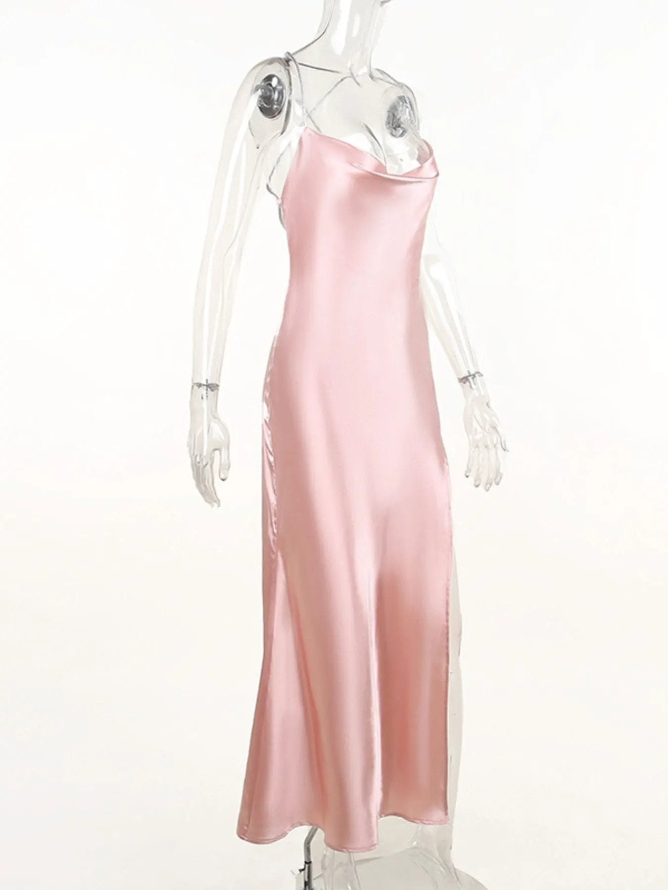 Slinky Satin Cowl Neck High Slit Dress with Back Lace Up by Partner Label