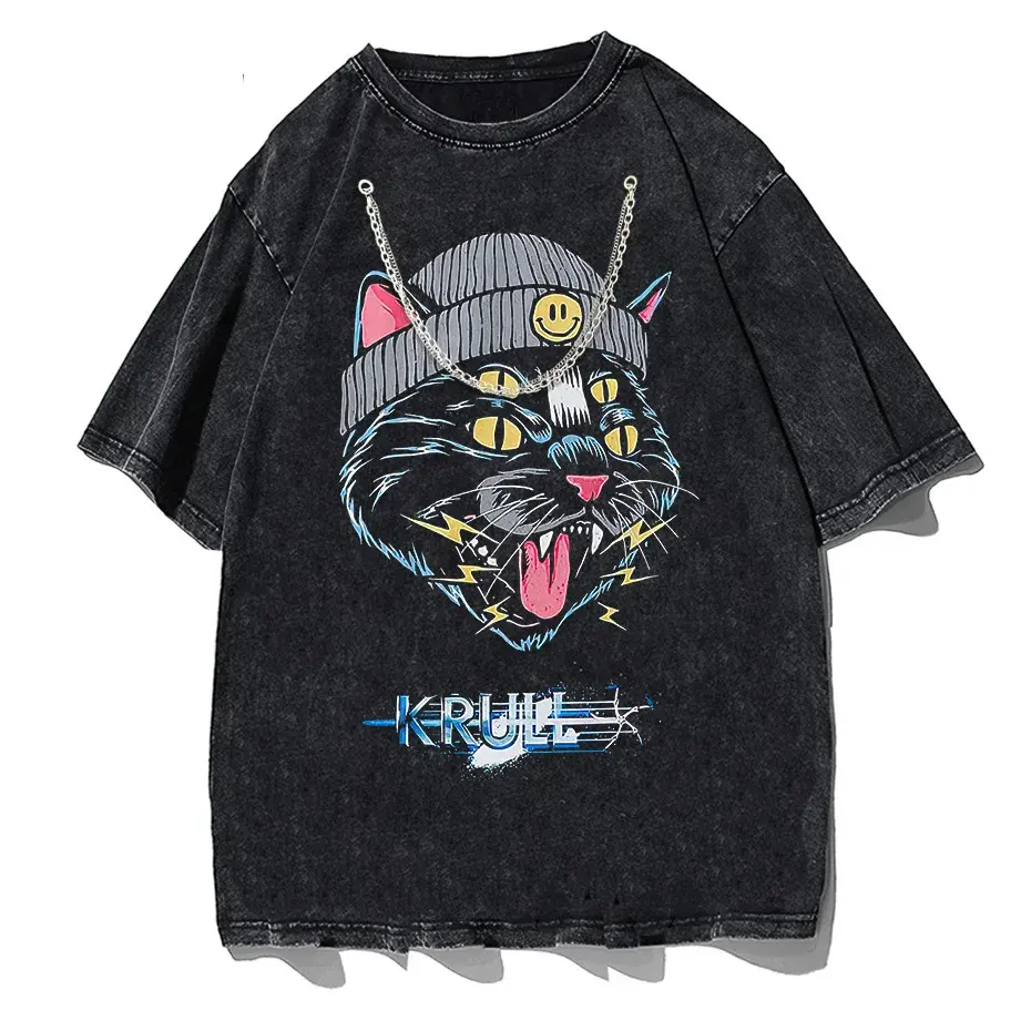Hip Hop Oversized Cat Graphic T-Shirt Washed Cotton Streetwear Harajuku Tee by Vimost Shop