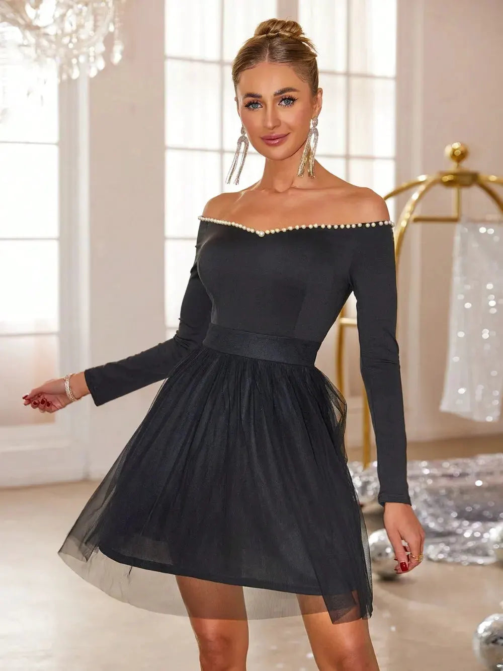 Pearl Trim Mesh Hem Off Shoulder Dress by Partner Label