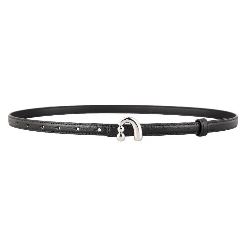 Silver Buckle Skinny Leather Belt by Trendsi