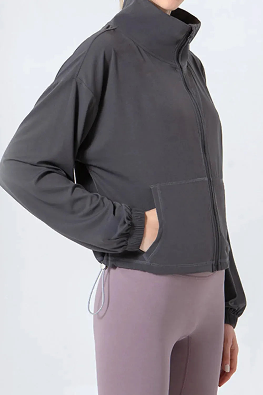 Drawstring Zip Up Dropped Shoulder Active Outerwear by Partner Label