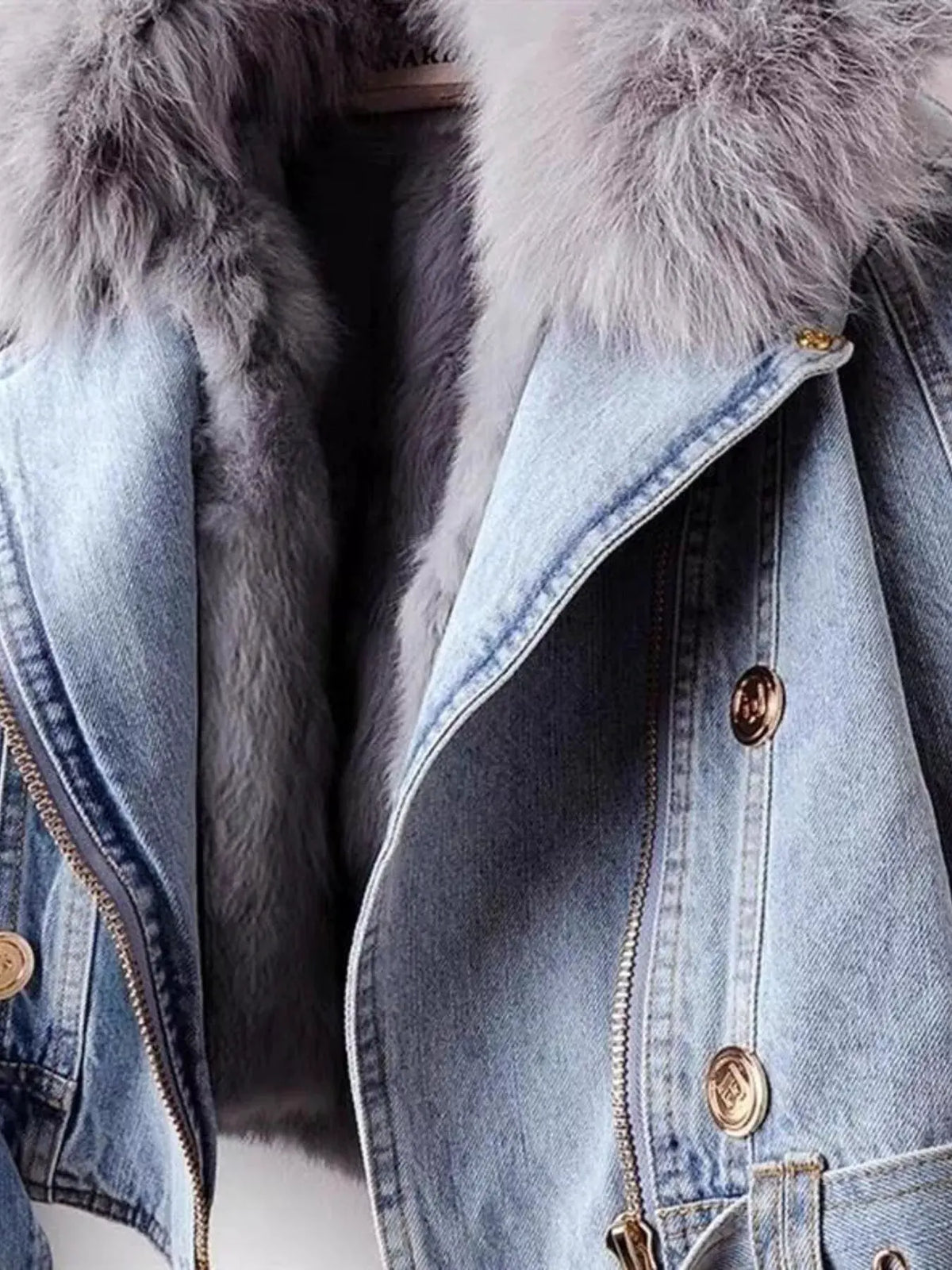 Full Size Faux Fur Collar Denim Jacket Plus Size by Partner Label