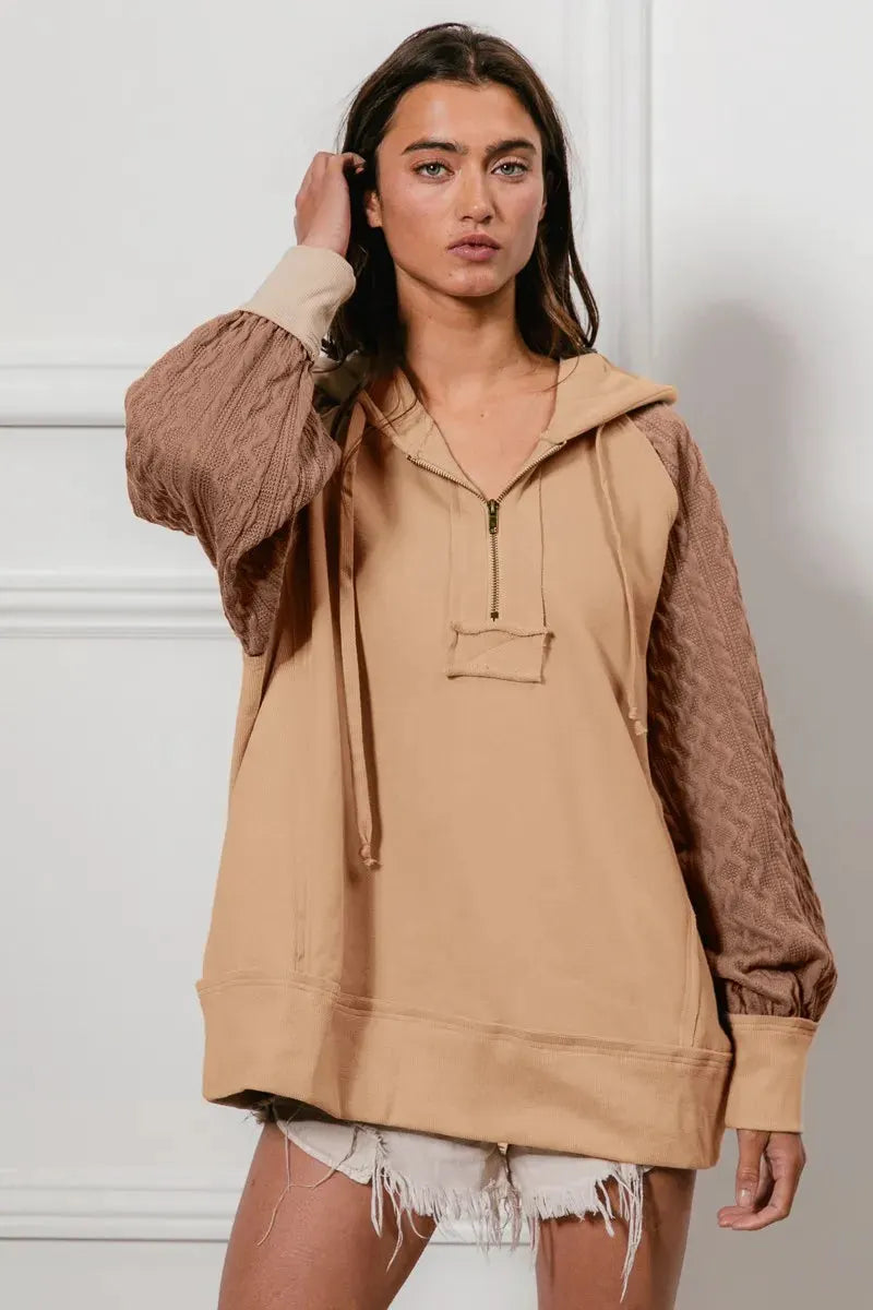 BiBi Half Zip French Terry Hoodie with Kint Sleeves by BiBi