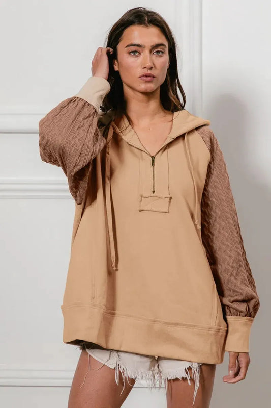 BiBi Half Zip French Terry Hoodie with Kint Sleeves by BiBi