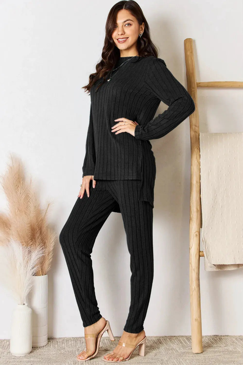 Basic Bae Full Size Ribbed Round Neck High-Low Slit Top and Pants Set by Basic Bae