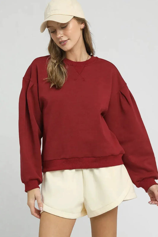 Umgee Round Neck Sweatshirt with Pleated Detail by Umgee