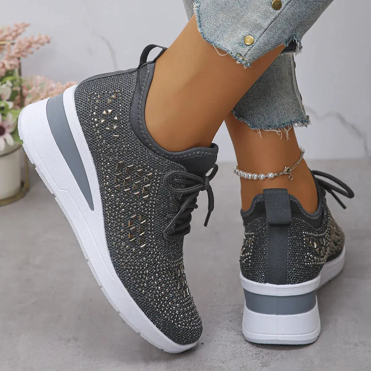 Breathable Mesh Rhinestone Wedge Athletic Sneakers by Partner Label