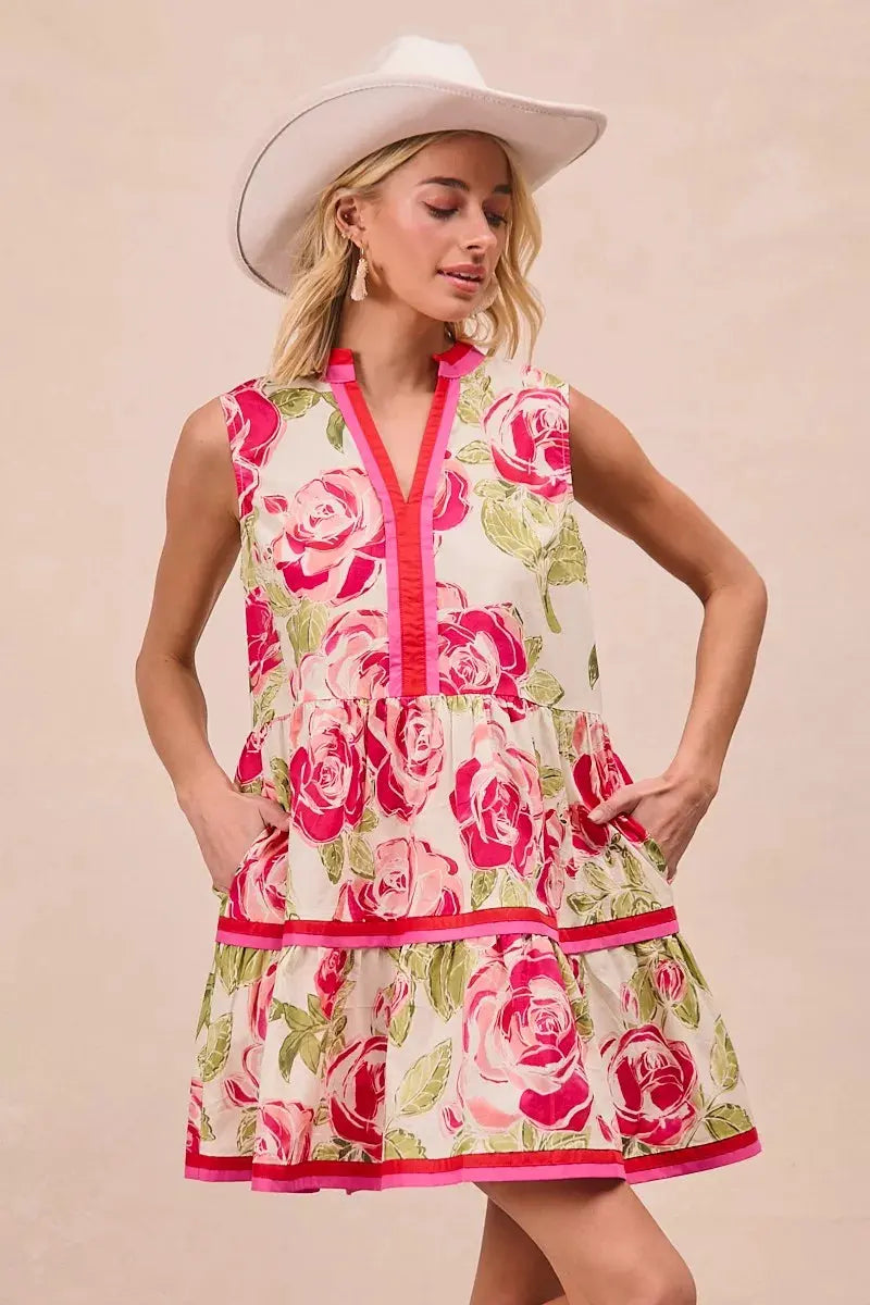 BiBi Floral Woven Contrast Edge Tiered Ruffle Mini Dress by BiBi