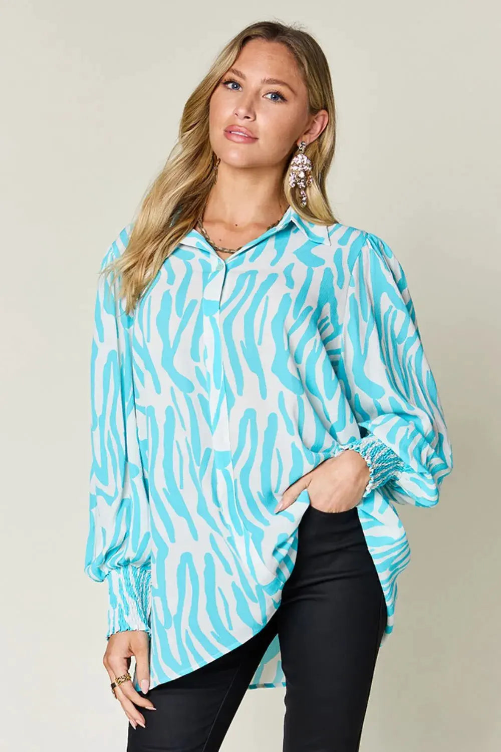 Double Take Full Size Printed Smocked Long Sleeve Blouse Plus Size by Double Take