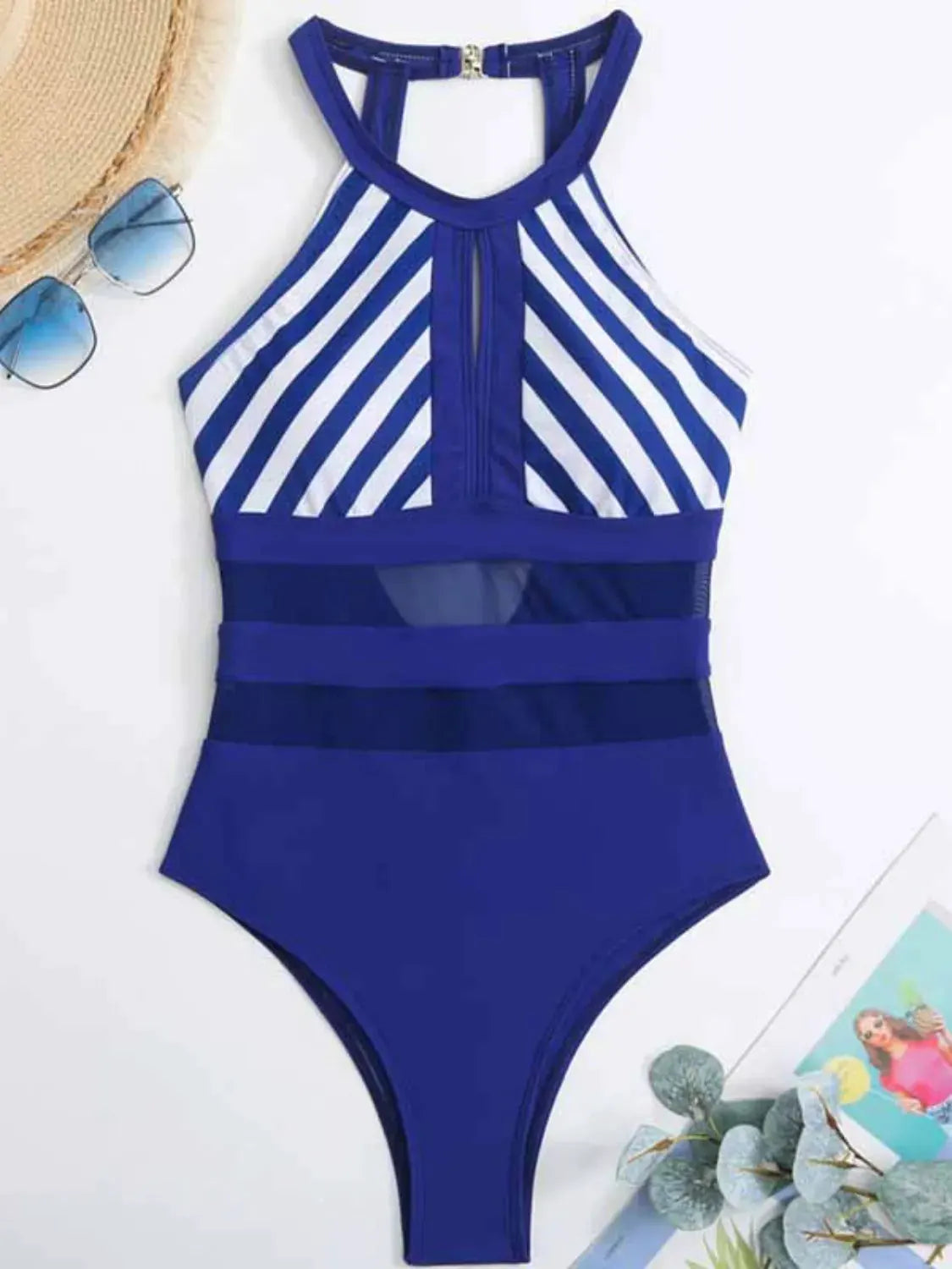 Mesh Detail Backless Striped One-Piece Swimsuit by Partner Label