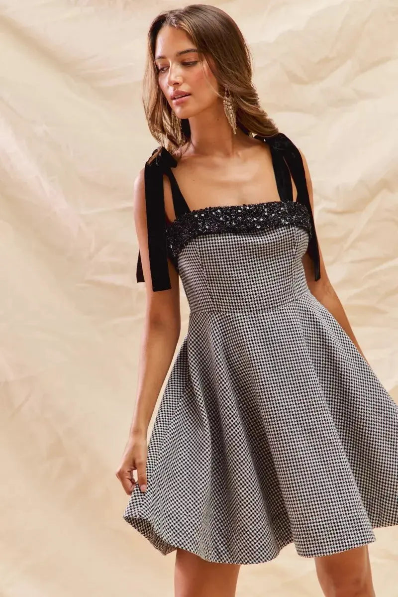 SO ME Houndstooth Fit Flare Mini Dress with Shoulder Tie by SO ME