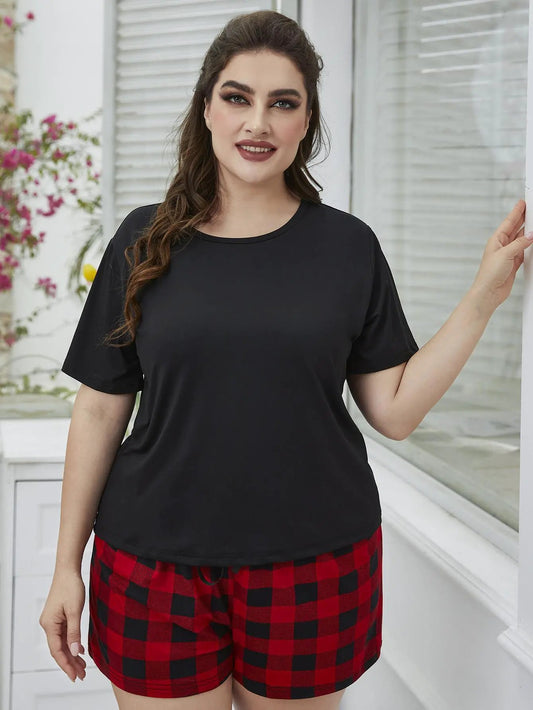 Plus Size Round Neck Tee Shirt and Plaid Shorts Lounge Set by Partner Label