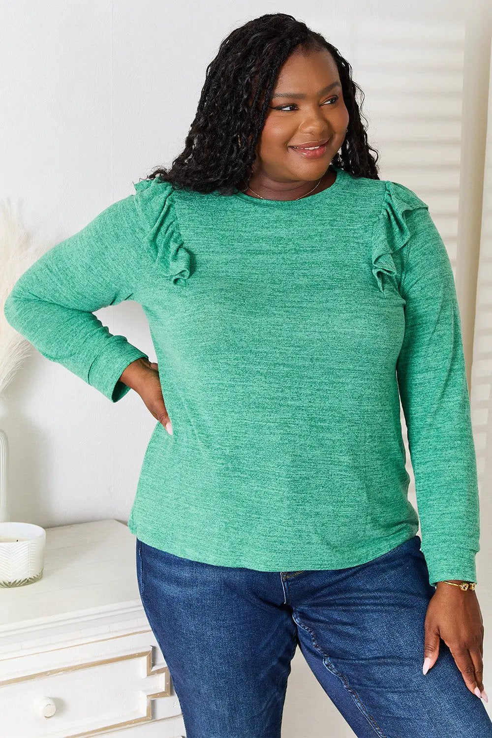 Double Take Ruffle Shoulder Long Sleeve T-Shirt by Double Take