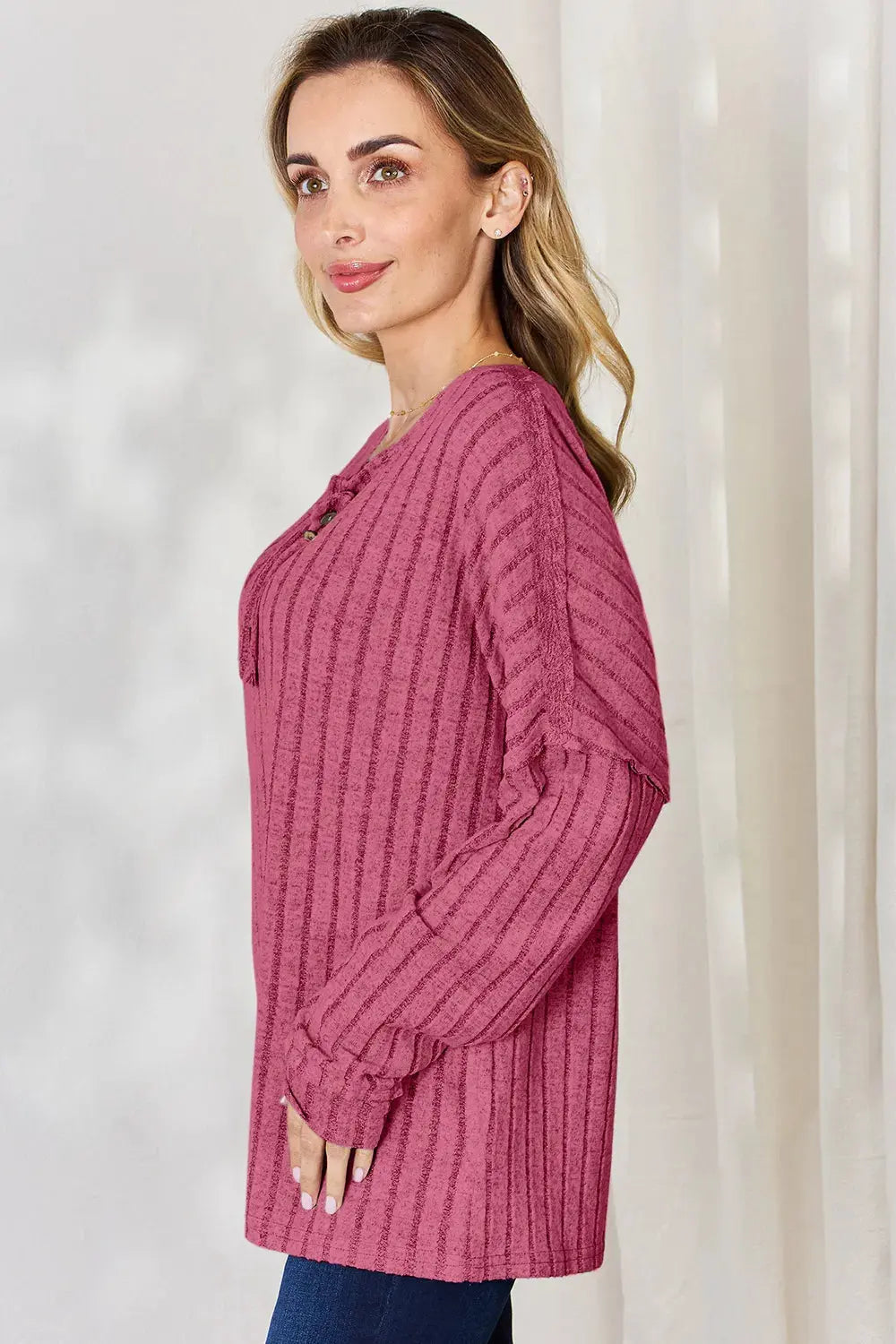 Basic Bae Full Size Ribbed Half Button Long Sleeve T‑Shirt | Partner Labels Selection by Partner Label