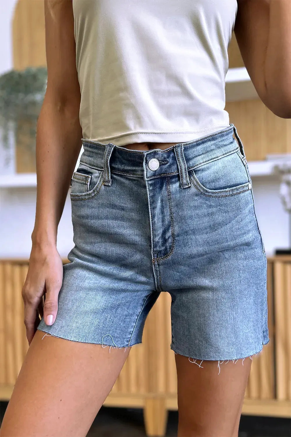Judy Blue Full Size High Waist Raw Hem Denim Shorts by Judy Blue