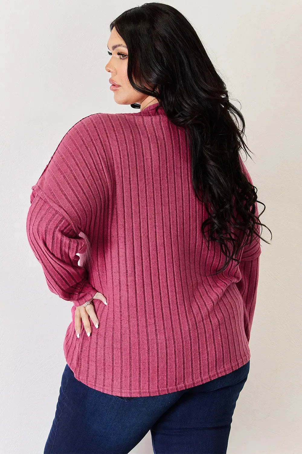 Basic Bae Full Size Ribbed Half Button Long Sleeve High-Low T-Shirt by Basic Bae