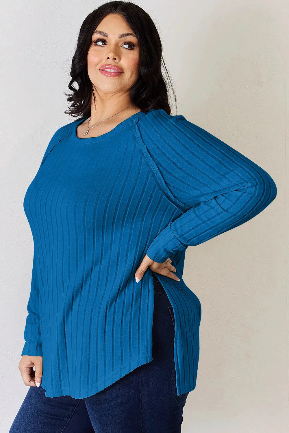 Basic Bae Full Size Ribbed Round Neck Slit T‑Shirt | Partner Labels Selection by Partner Label