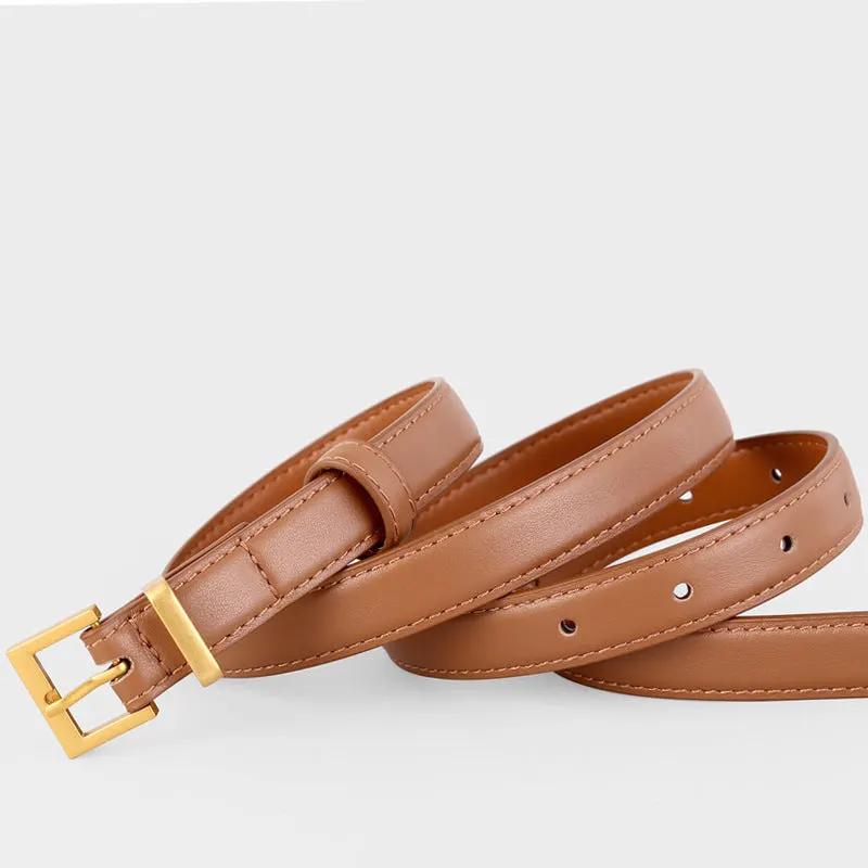 Leather Skinny Belt with Golden Buckle by Trendsi