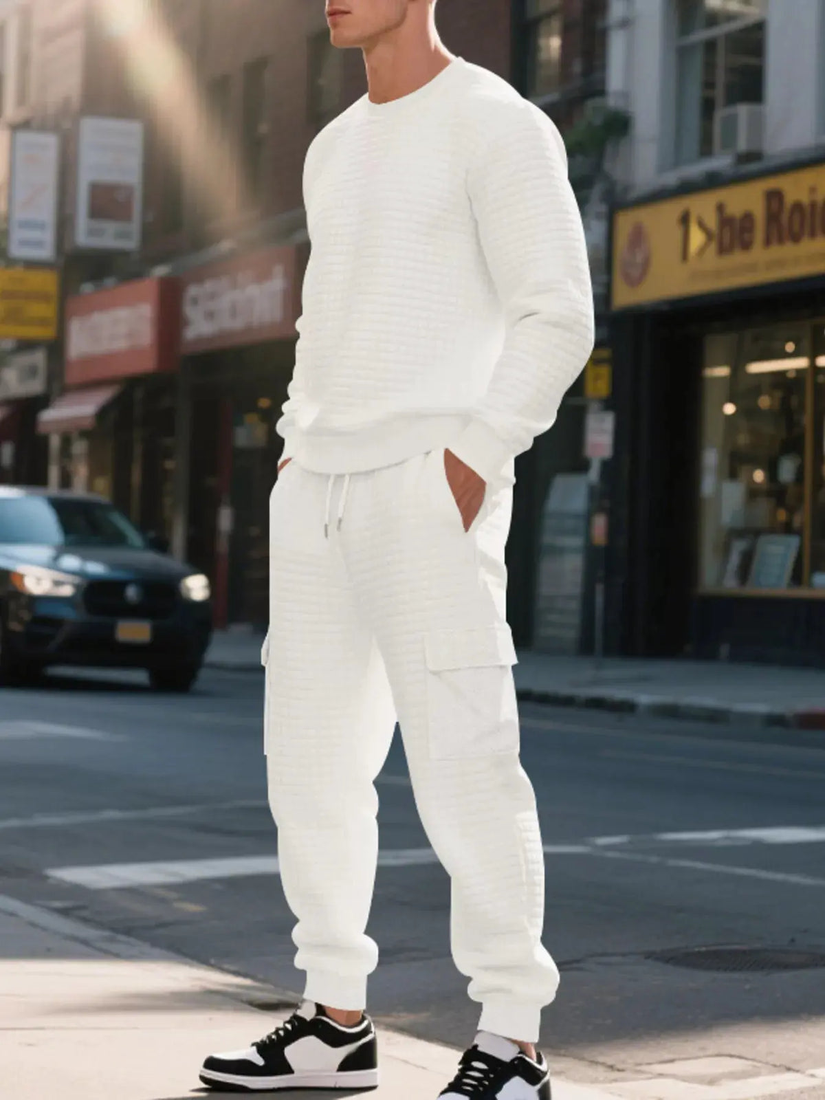 Men's Plus Size Waffle Knit Textured Crewneck Sweatshirt and Jogger Set by Trendsi