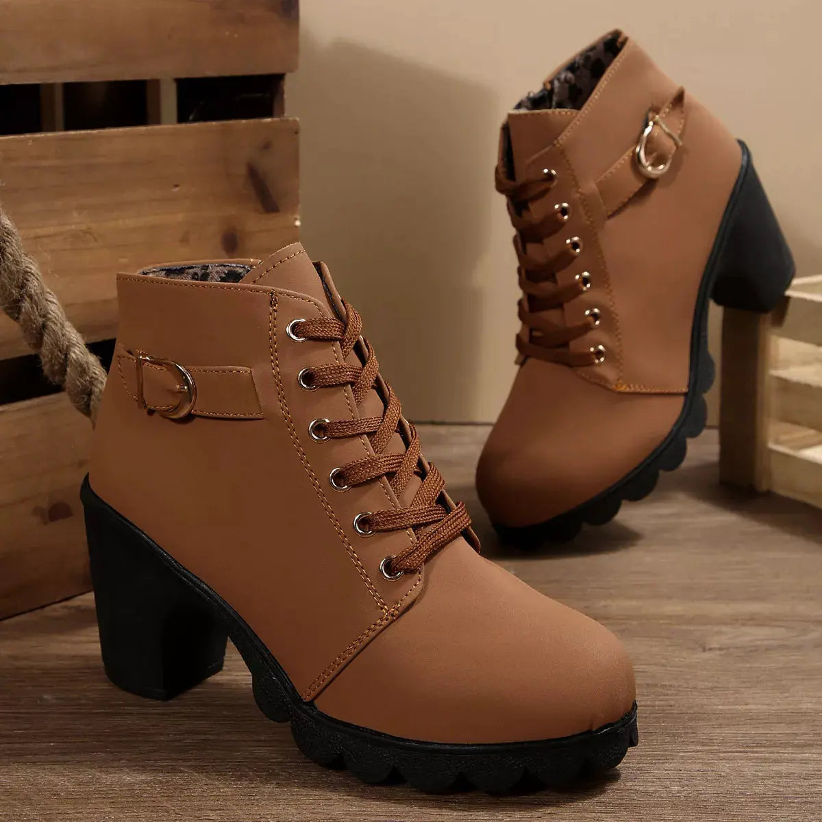 Lace Up Block Heels Boots by Partner Label