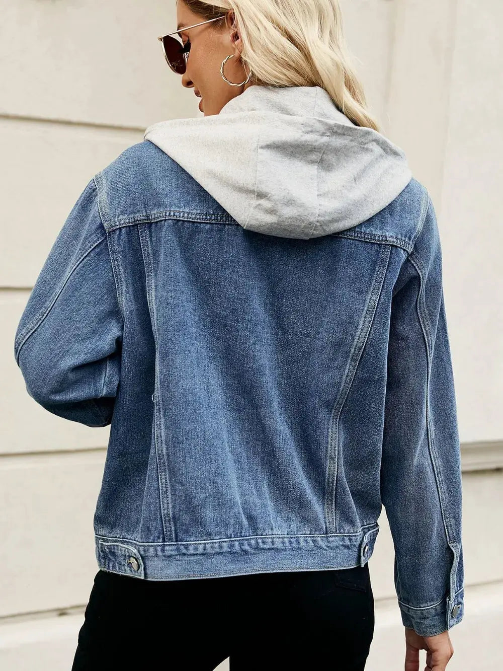 Drawstring Hooded Button Up Denim Jacket by Partner Label