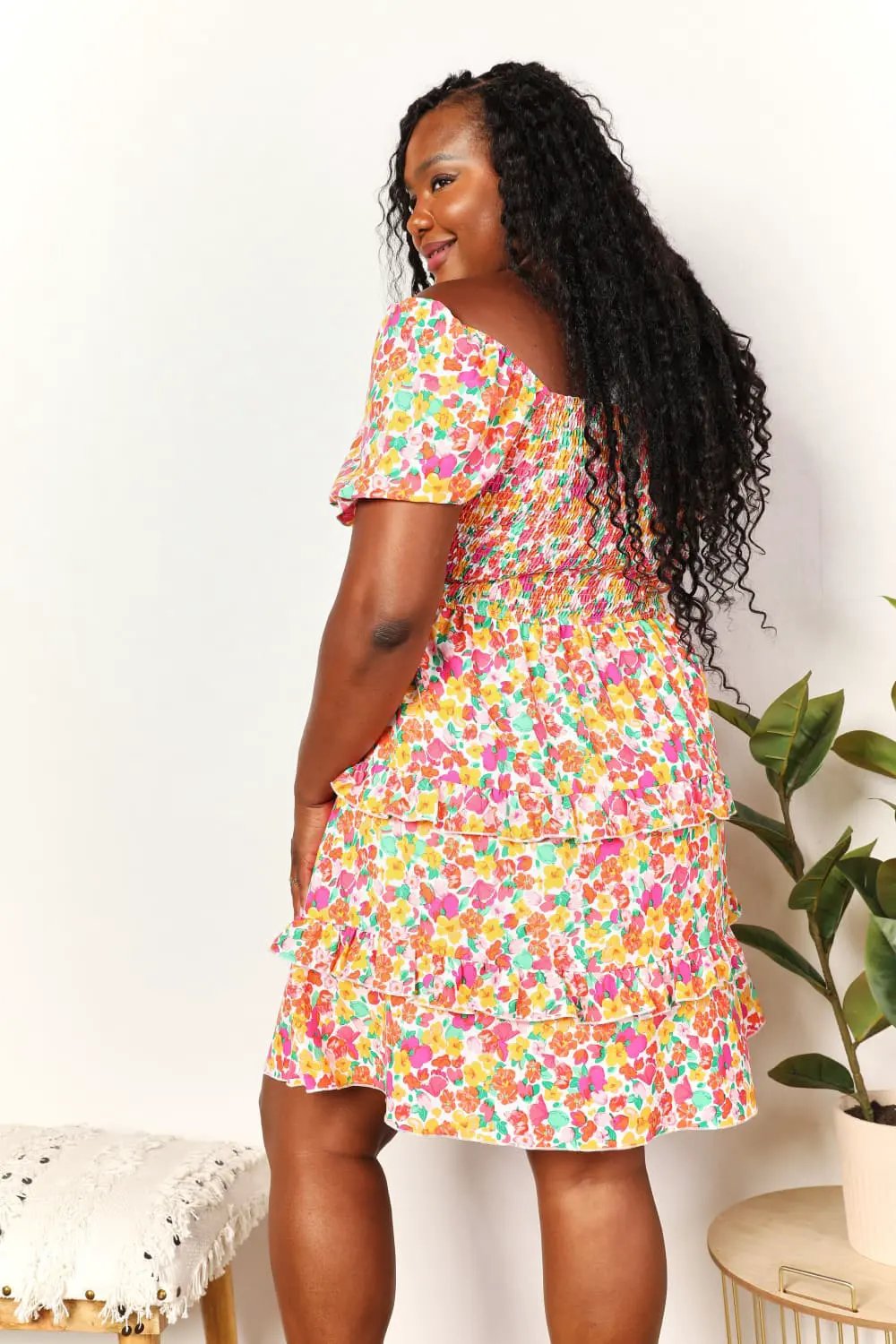 Devine Smocked Sweetheart Neck Flounce Sleeve Mini Dress by Double Take