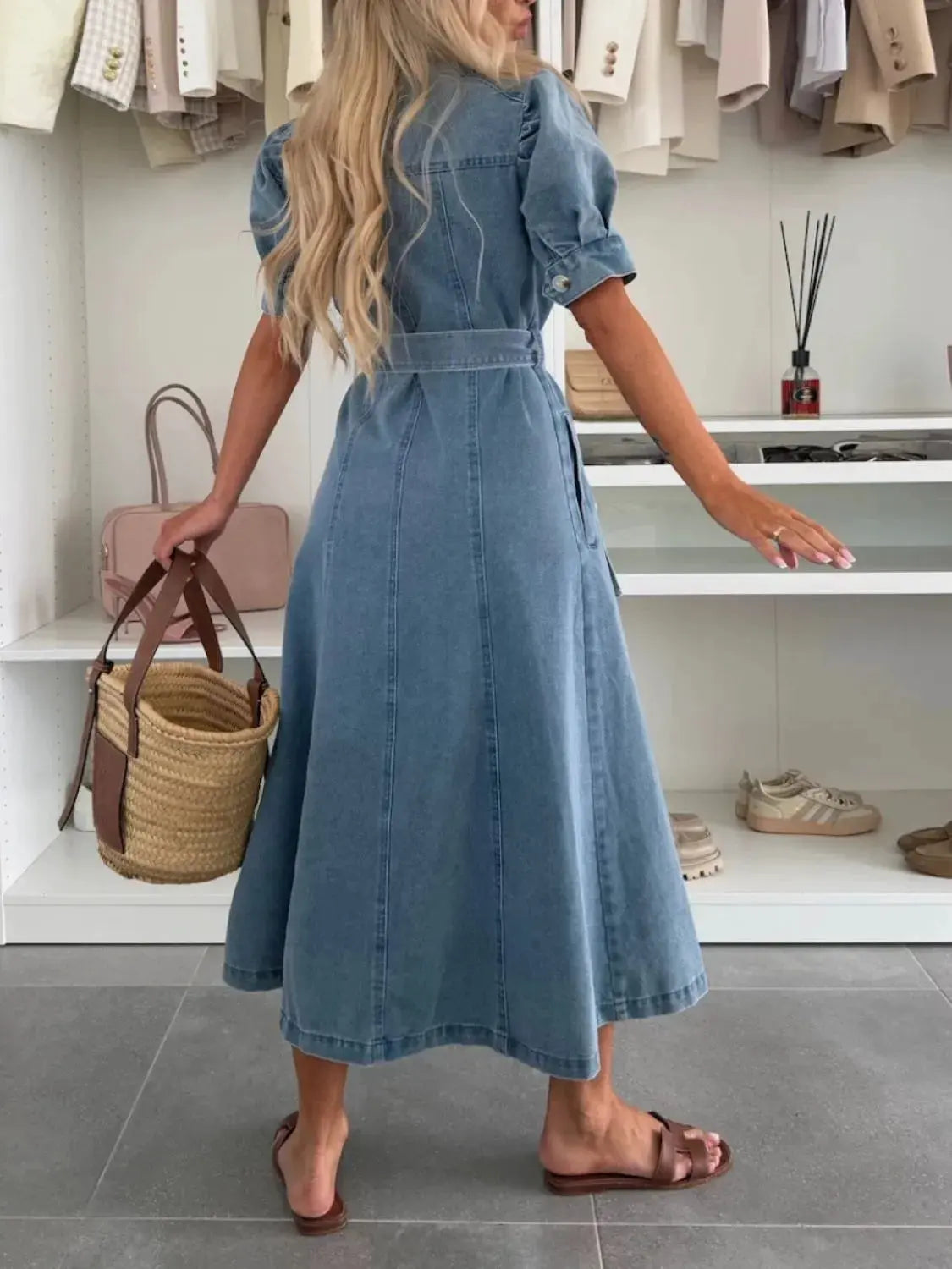 Puff Sleeve Button Down Belted Denim Midi Dress by Partner Label