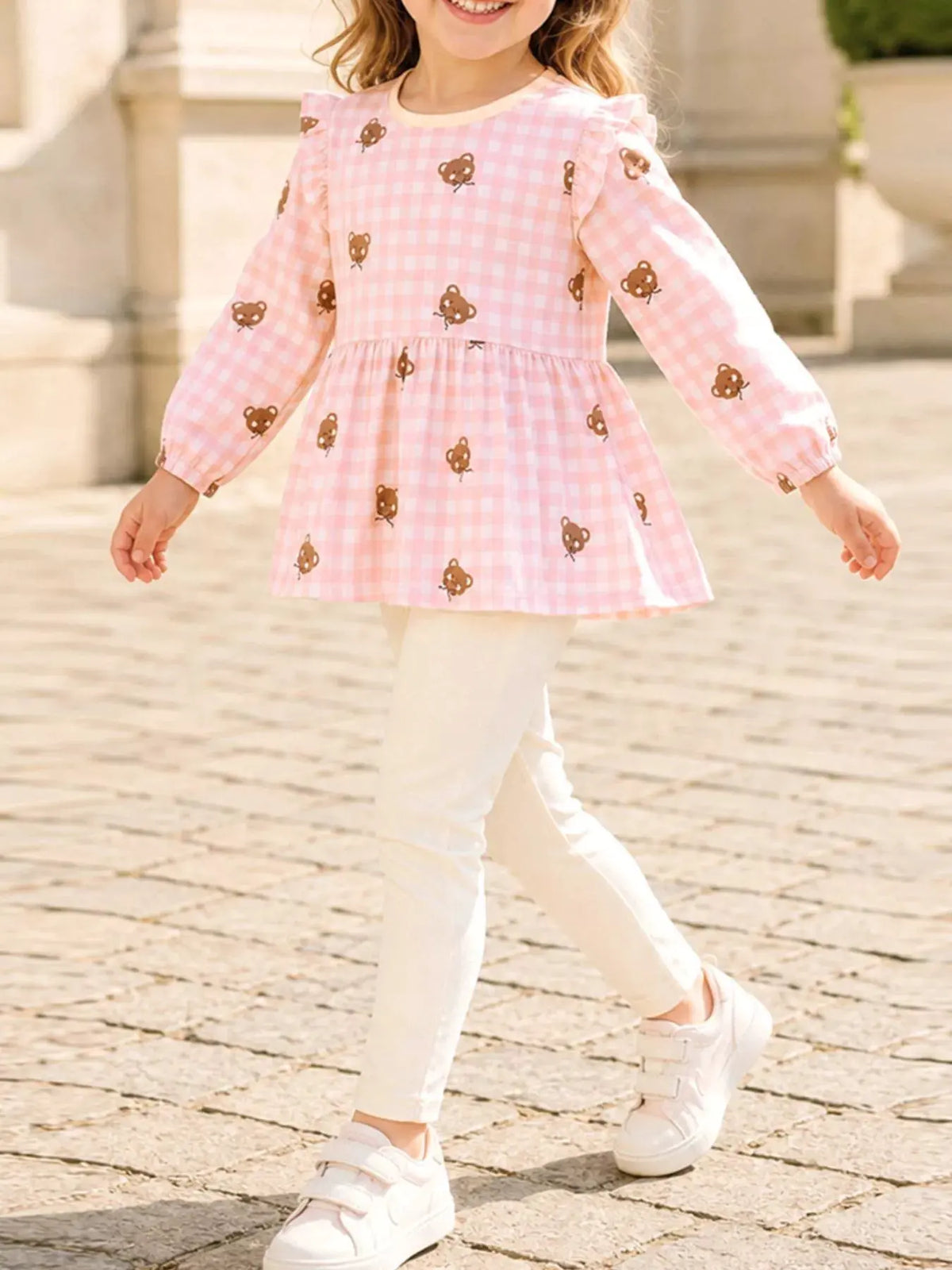 Children's Gingham Bear Print Peplum Top and Leggings Set by Trendsi