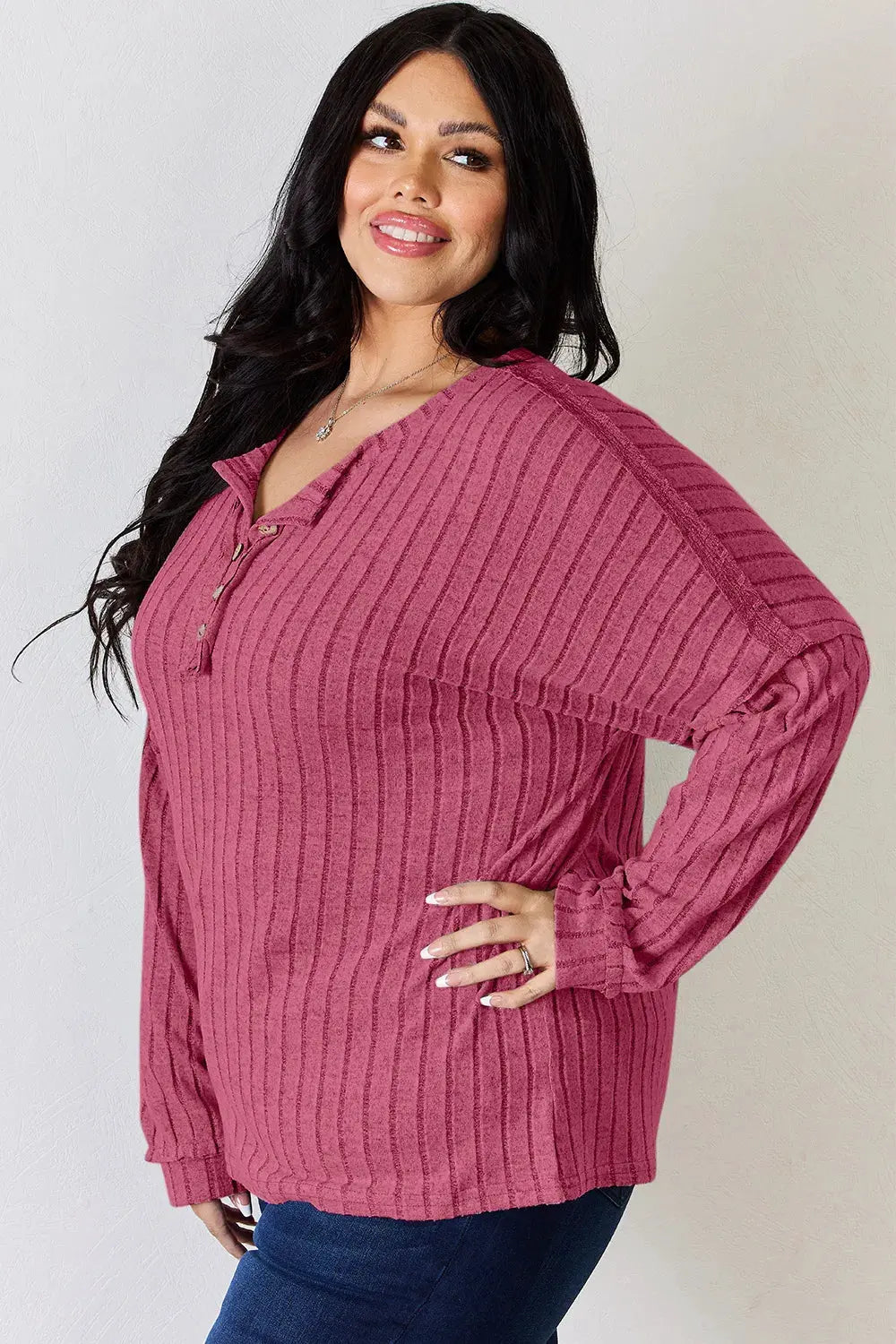 Basic Bae Full Size Ribbed Half Button Long Sleeve T‑Shirt | Partner Labels Selection by Partner Label