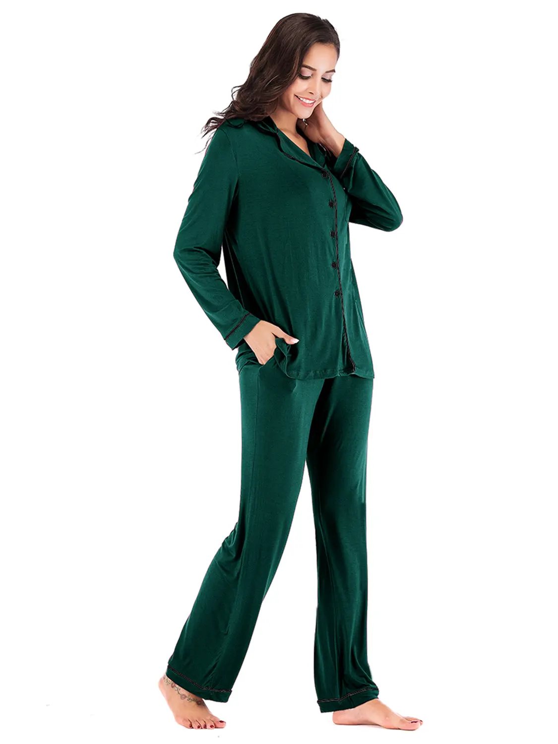 Collared Neck Long Sleeve Loungewear Set with Pockets by Partner Label